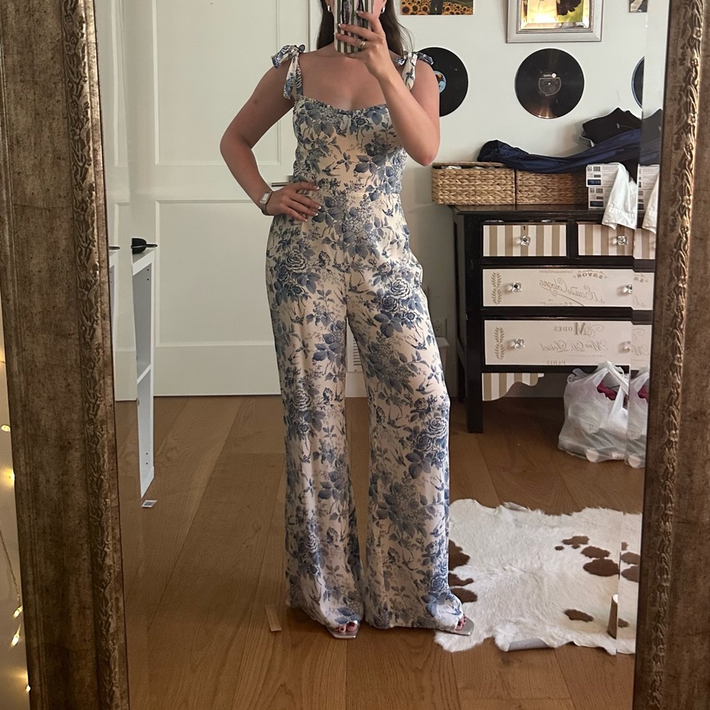 Reformation Blue and White Jumpsuit with Wide-Leg Design